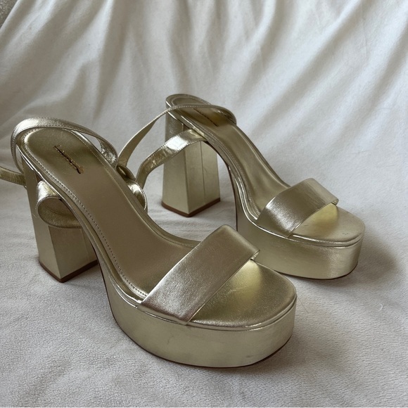 Larroude Gold Platform Heels with Chunky Block Heel and Ankle Strap - Picture 5 of 10